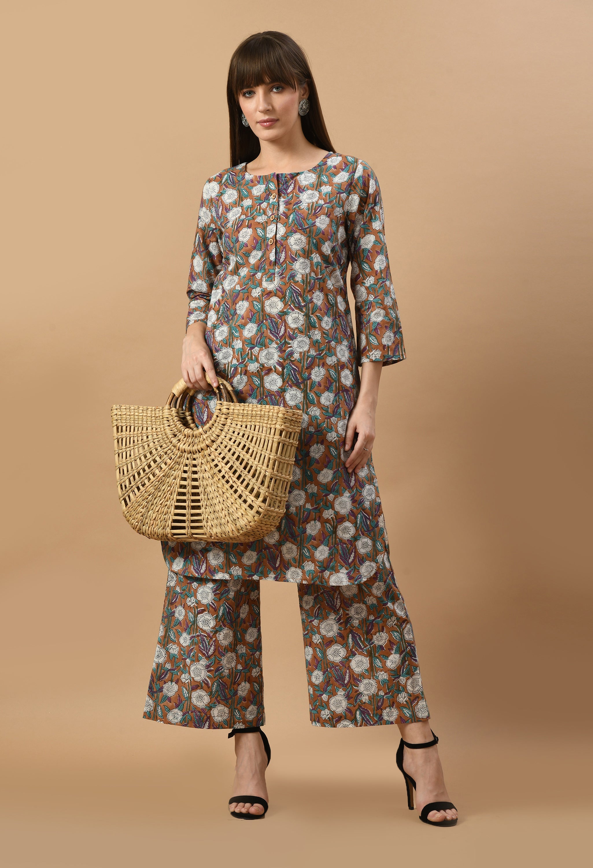 brown-hand-block-cotton-kurta-set